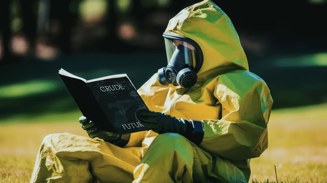 A figure in a yellow hazmat suit and gas mask, sitting on the grass reading Crude Futures.