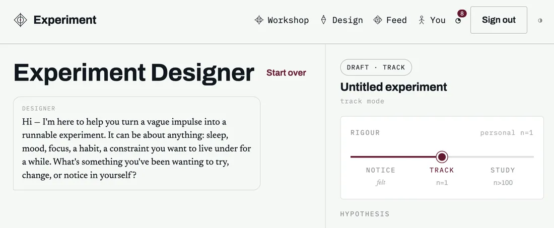 The Experiment Mag designer, mid-conversation, with a rigour slider set to track.