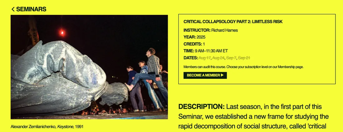 The New Centre’s listing for Critical Collapsology Part 2: Limitless Risk, beside Alexander Zemlianichenko’s photograph of a toppled statue.